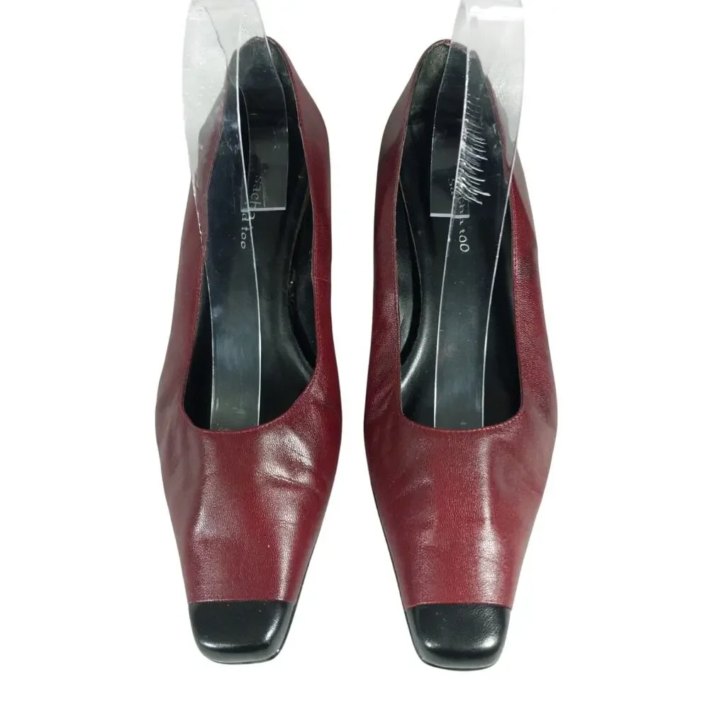 SACHA TOO! BURGUNDY & BLACK GENUINE LEATHER NIP TOE MODIFIED KITTEN HEELS! SZ 8M
